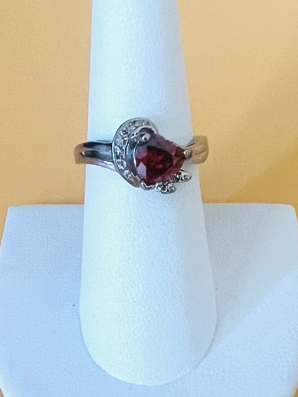 Heart shaped ring size 6.5 amber color CZ & silver plated